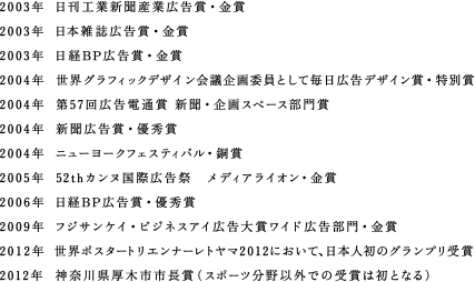 2003年  日刊工業新聞産業広告賞・金賞
2003年　日本雑誌広告賞・金賞
2003年　日経BP広告賞・金賞
2004年  世界グラフィックデザイン会議企画委員として毎日広告デザイン賞・特別賞
2004年　第57回広告電通賞 新聞・企画スペース部門賞
2004年　新聞広告賞・優秀賞
2004年  ニューヨークフェスティバル・銅賞
2005年  52thカンヌ国際広告祭　メディアライオン・金賞
2006年  日経BP広告賞・優秀賞
2009年  フジサンケイ・ビジネスアイ広告大賞ワイド広告部門・金賞
2012年  世界ポスタートリエンナーレトヤマ2012において、日本人初のグランプリ受賞
2012年  神奈川県厚木市市長賞（スポーツ分野以外での受賞は初となる）